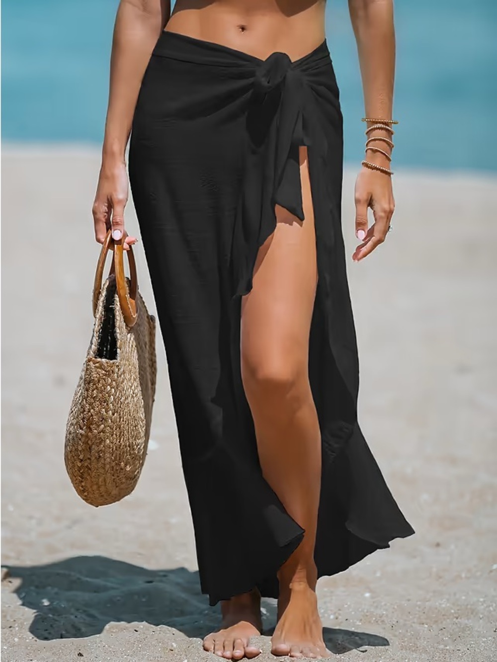 Women’s Black Tie-Front Beach Sarong